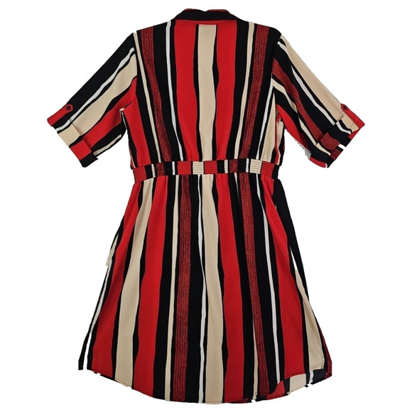Millenium~Size XL~Red/Multicolor Striped Short Sleeve Button Dress Elastic Waist - Picture 3 of 13